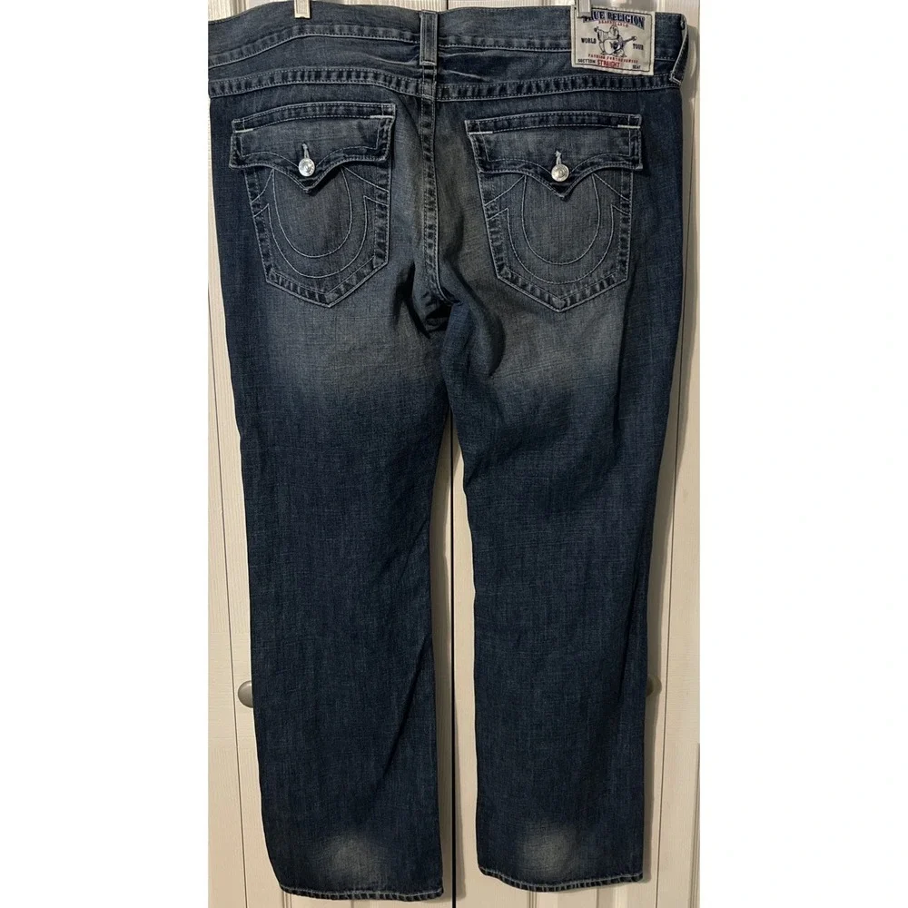 True Religion World Tour Dark Wash Straight Leg Distressed Jeans Sz 42 (44x34)